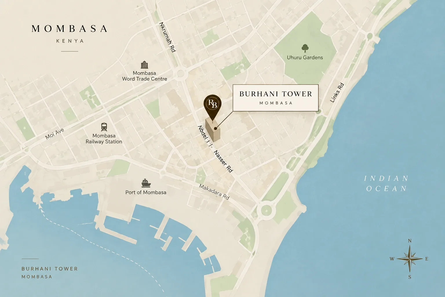Illustrated map showing Burhani Tower, Mombasa, Kenya